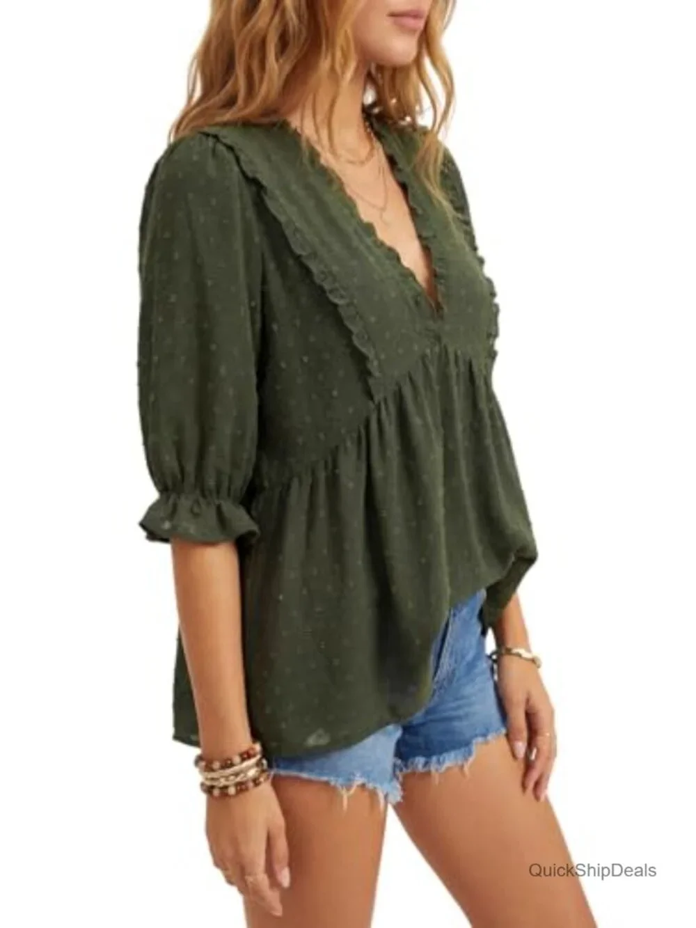 Swiss Dot Ruffle V Neck Peplum Boho Blouse